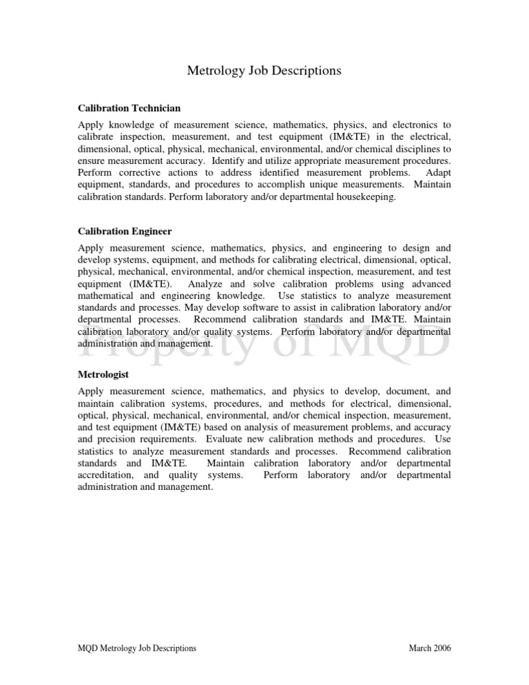 Metrology Job Description PDF