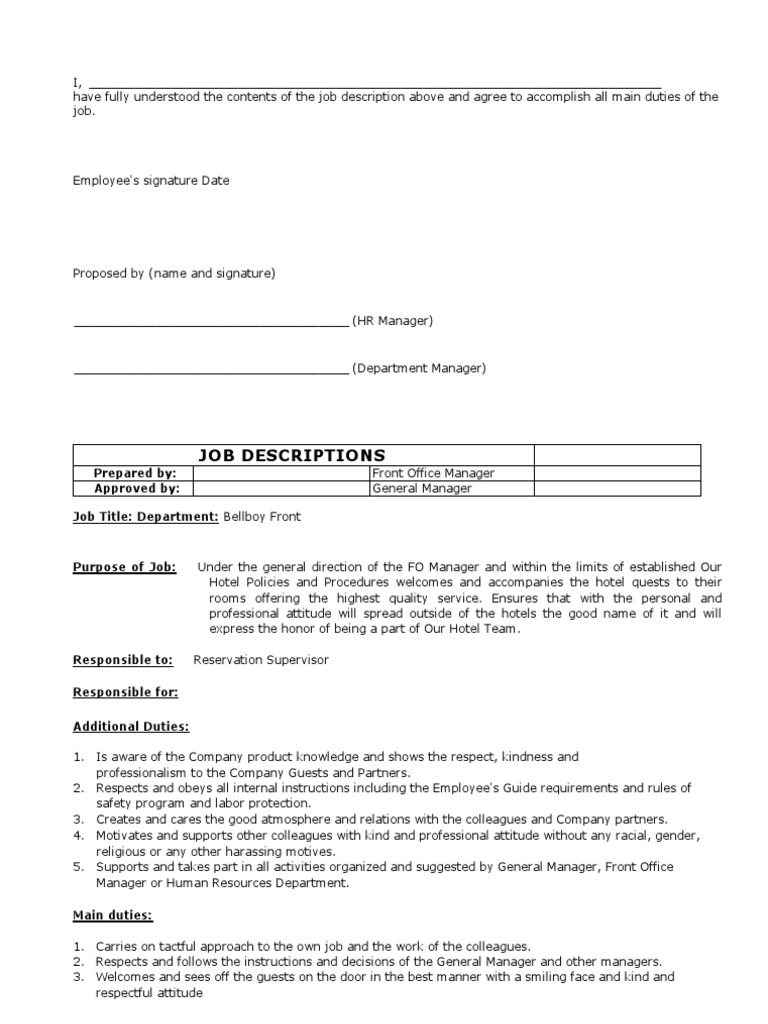 JobDescriptions Bellboy PDF Employment Business