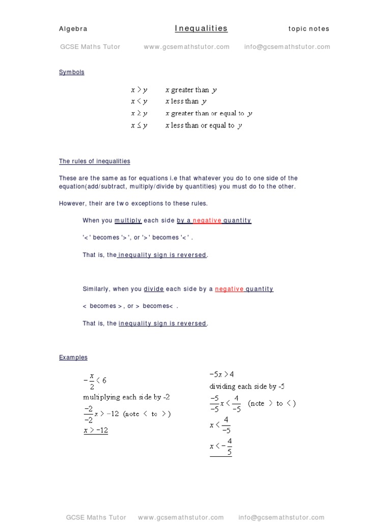 Inequalities, Algebra Revision Notes From GCSE Maths Tutor | PDF ...