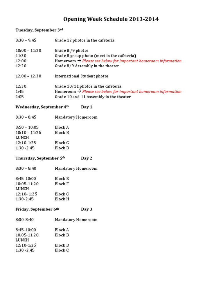 Opening Week Schedule 2013-2014: Tuesday, September 3 | PDF | Career ...
