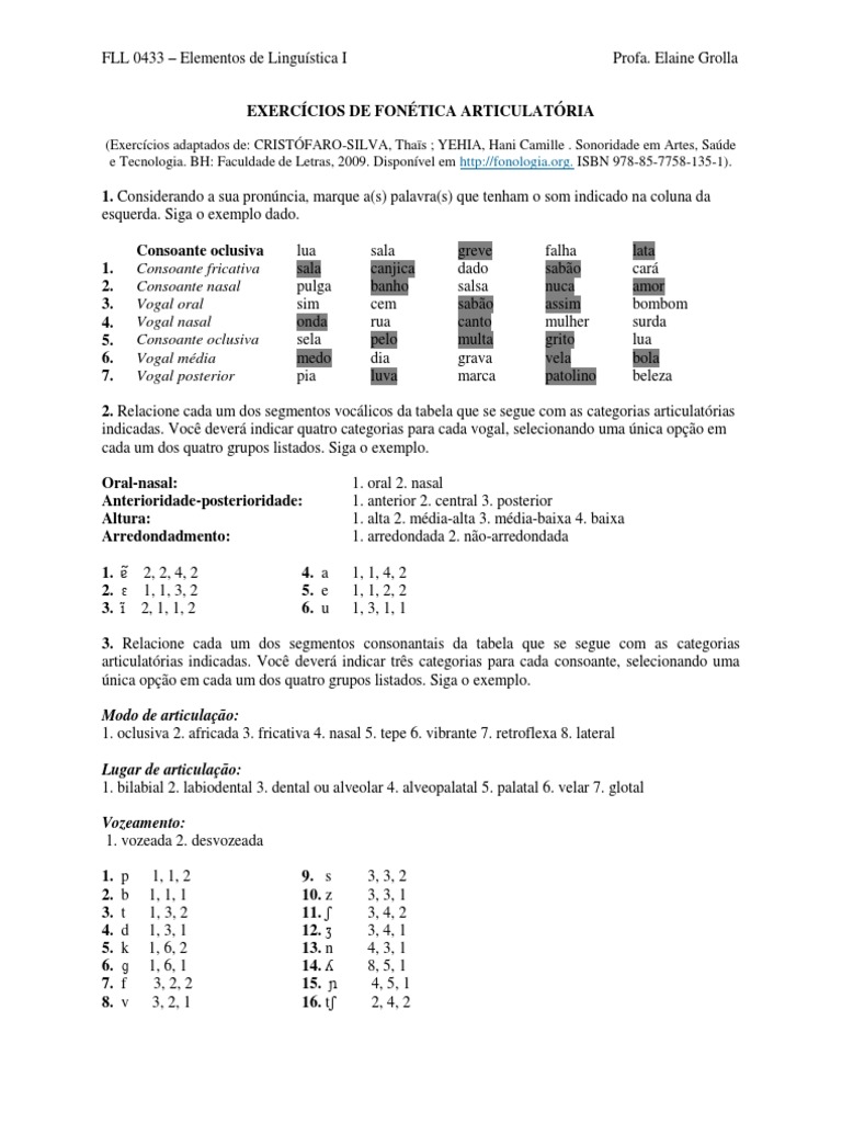 Gabarito - Exercicios de Fonetica Articulatoria | PDF