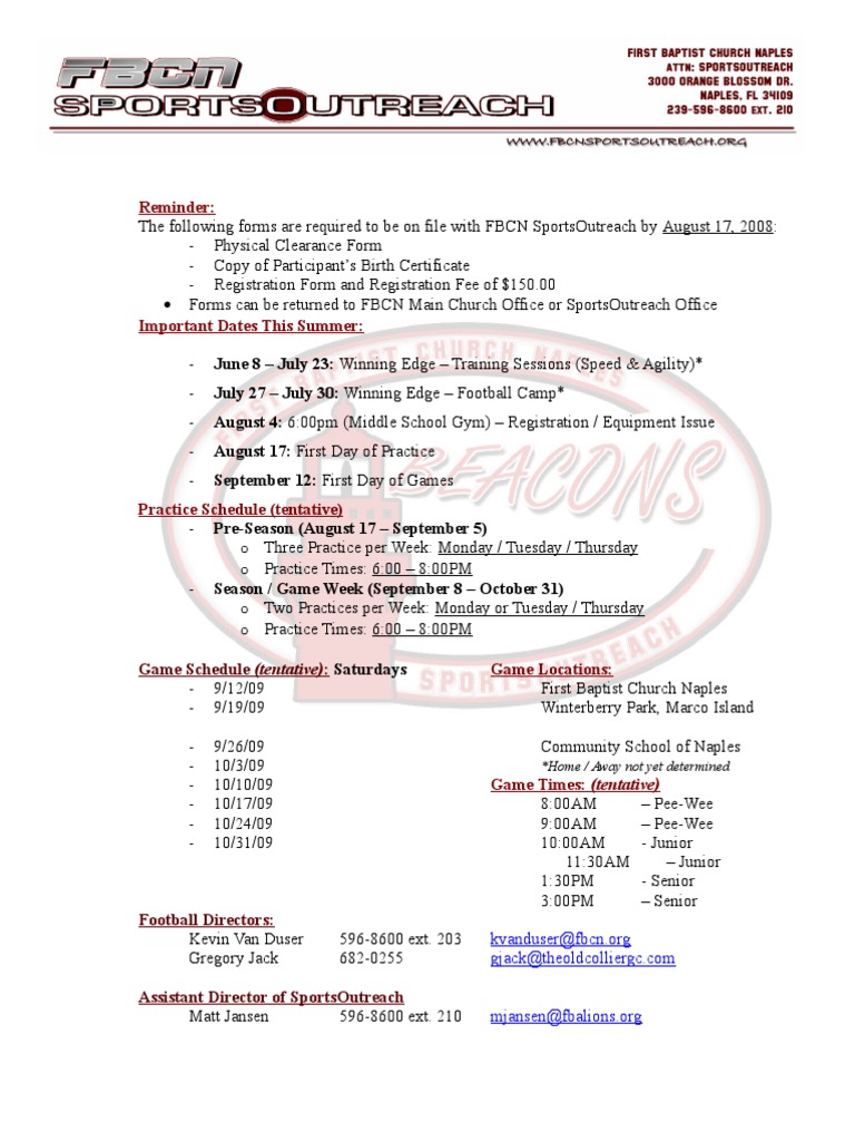 FBCN SportsOutreach Football Registration Info | PDF | Sports | Business