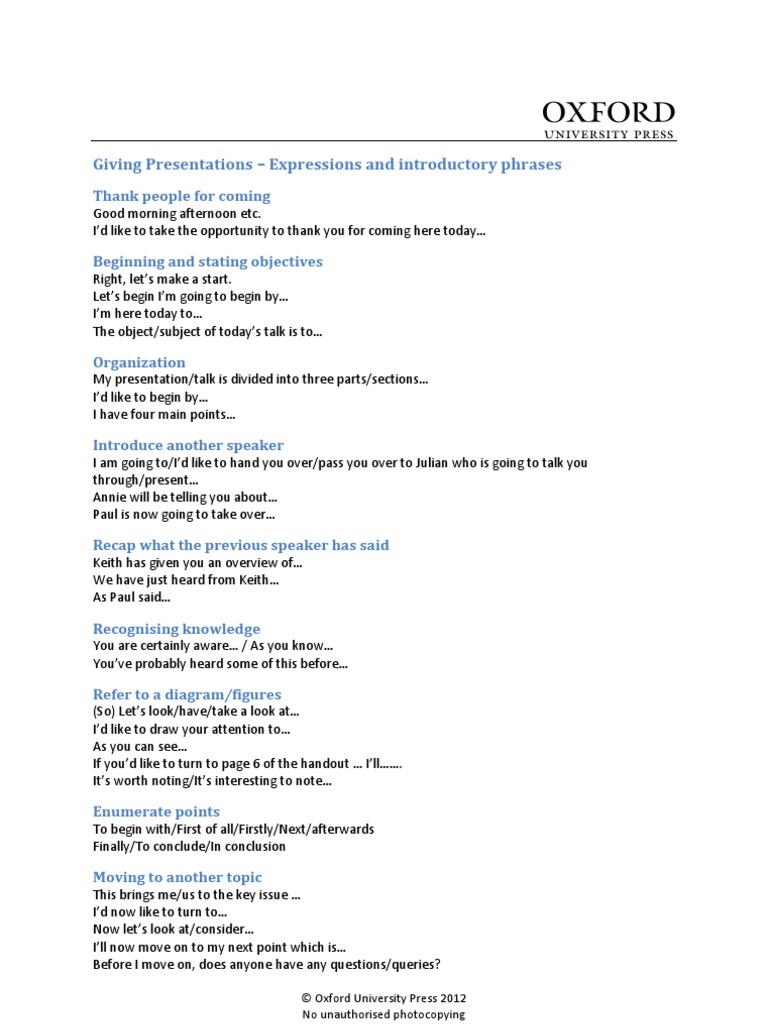 Presentations Expressions and Introductory Phrases | PDF | Human ...
