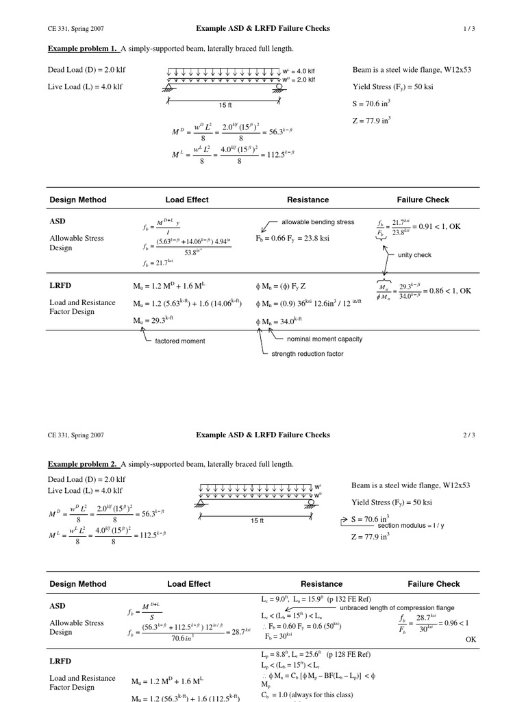 Unity Check Examples (ASD Vs LFRD) PDF PDF Buckling Beam (Structure)