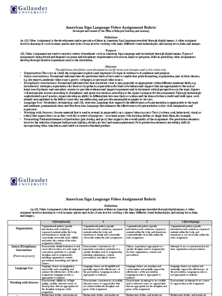 Asl Video Rubric PDF American Sign Language Essays