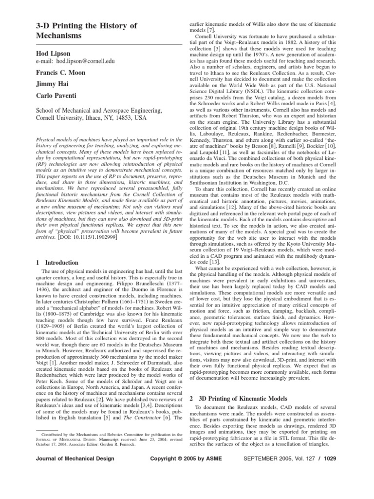 2005 3-D Printing The History of Mechanisms | PDF | Machines | Prototype