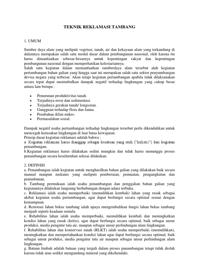 Teknik Reklamasi Tambang Berkelanjutan | PDF
