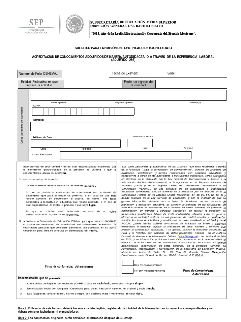 Solicitud Para La Emisión Del Certificado De Bachillerato