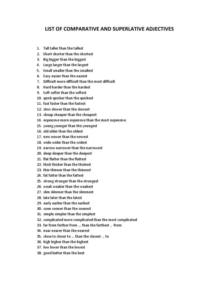 Comparative and Superlative Adjectives List | PDF | Grammar | Language ...