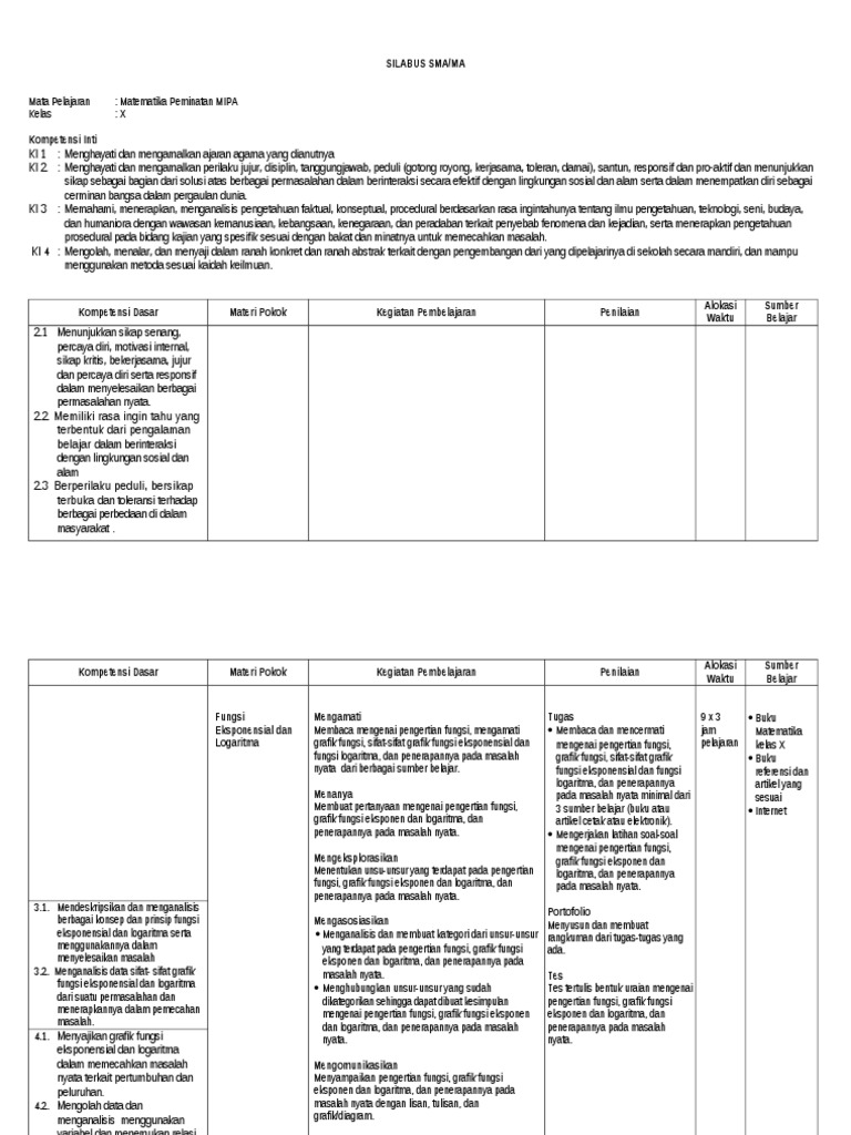 Silabus Matematika Sma Kelas X Peminatan Allson Pdf