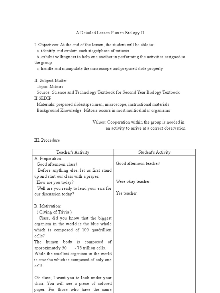LESSON PLAN IN BIOLOGY II.doc | Mitosis | Meiosis
