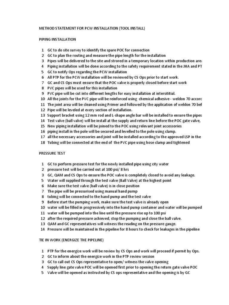 PCW Piping Installation Method Statement | PDF | Pipe (Fluid Conveyance ...