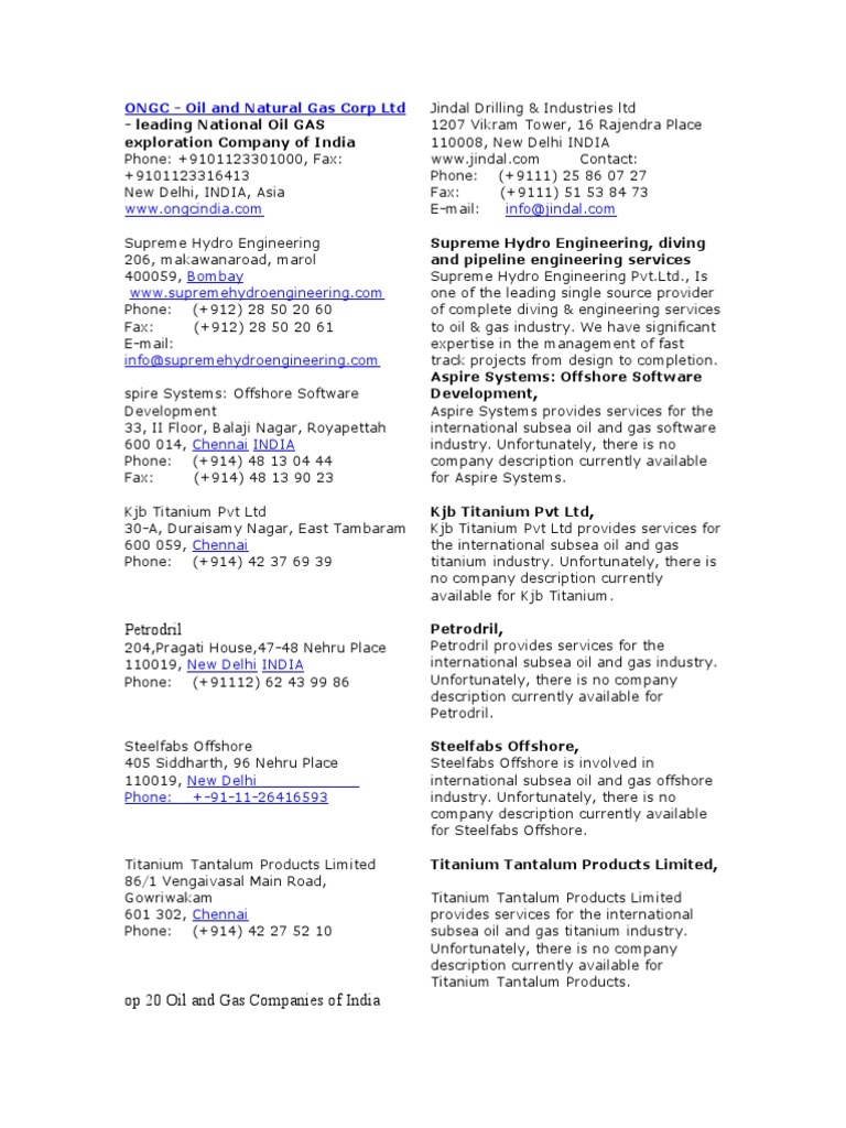 Oil Companies List PDF Offshore Drilling Petroleum