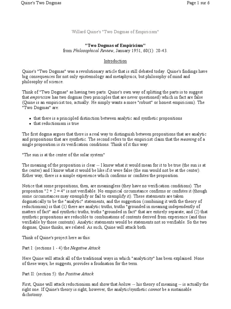 Quine Review of Two Dogmas of Empiricism PDF Logical Truth Definition