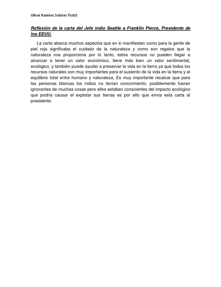 ¿Qué reflexion deja la carta del Jefe Seattle
