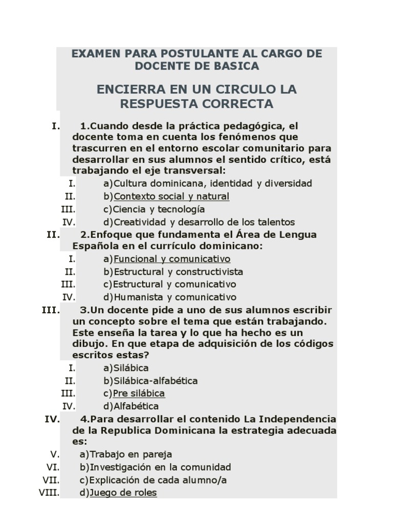 Examen para Postulante Al Cargo de Docente de Basica | PDF | Plan de  estudios | Educación primaria
