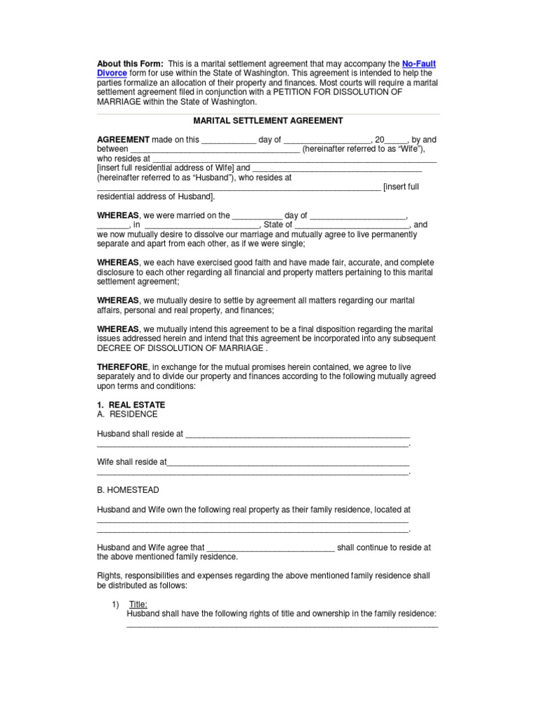 Divorce Marital Settlement Agreement No Children PDF Divorce