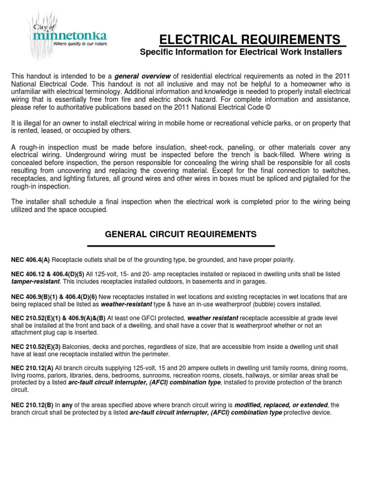 Electrical requirements DWELLING UNITS Electrical Wiring