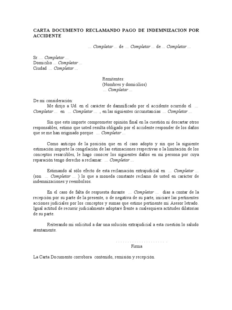 Carta Documento Reclamando Pago de Indemnizacion Por Accidente | PDF