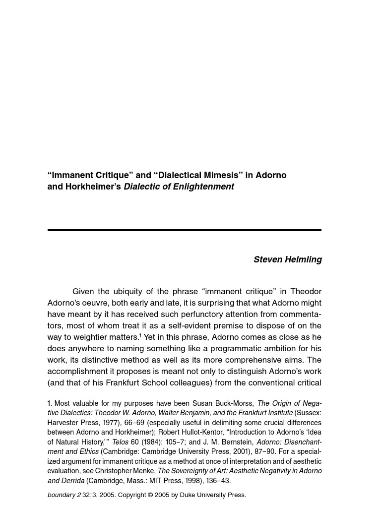 Steve Helmling 'Immanent Critique' and 'Dialetical Mimesis' in Adorno