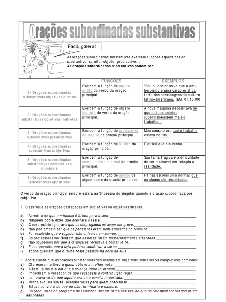 Subordinadas substantivas + exercícios | Assunto (Gramática) | Sintaxe