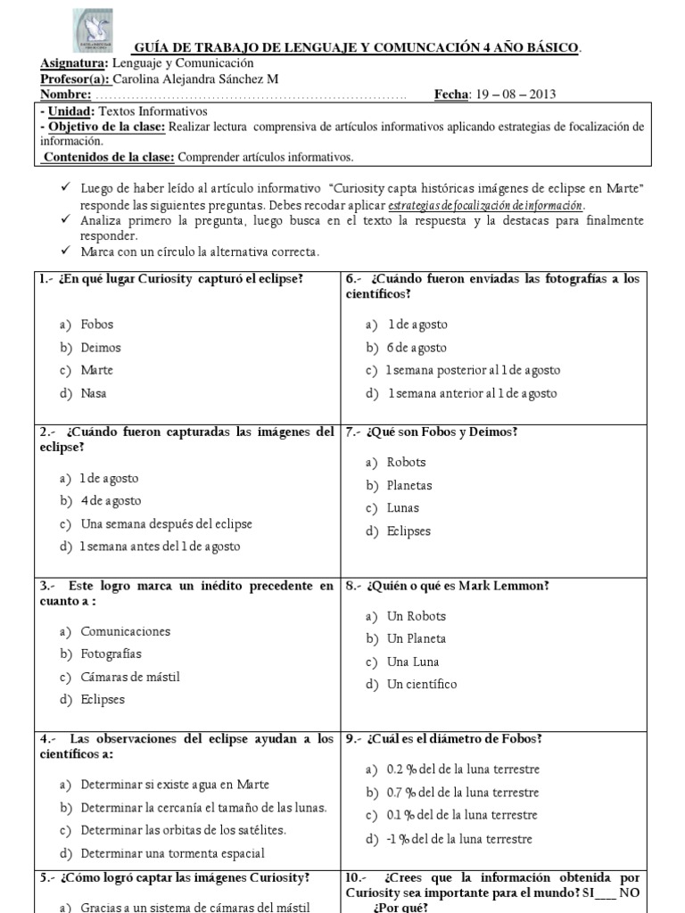 Guía de Trabajo de Lenguaje y Comuncación 4 Año Básico | PDF