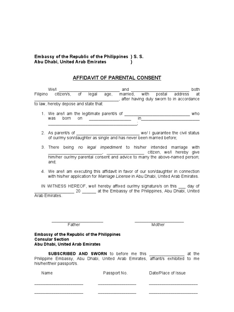 AFFIDAVIT of Parental Consent (Marriage) | PDF | Affidavit | United ...