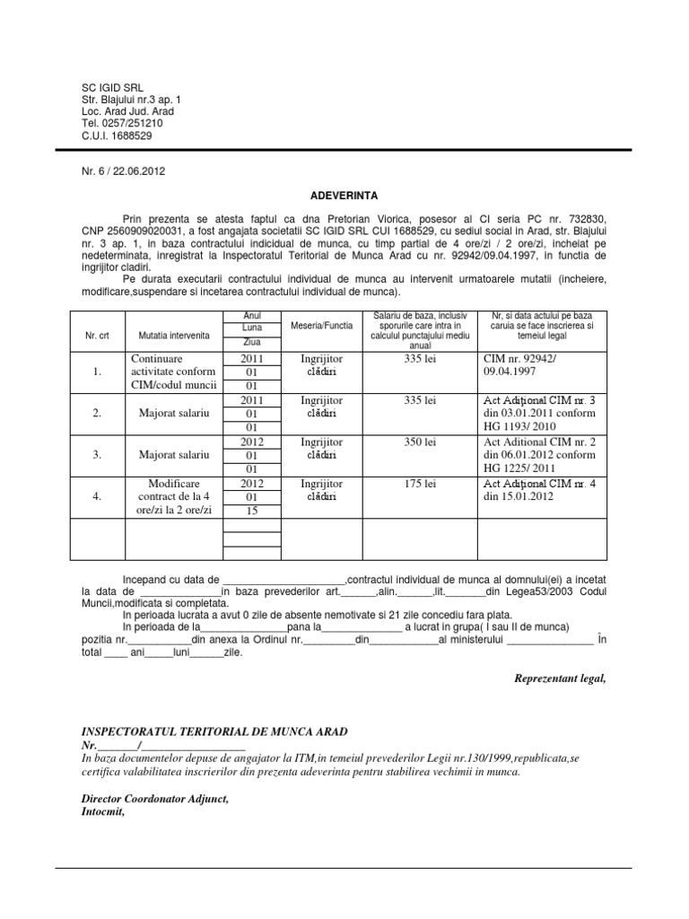 Adeverinta vechime in munca