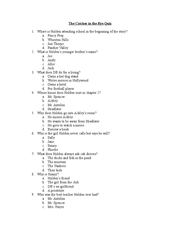 The Catcher in The Rye Quiz PDF Sports Leisure