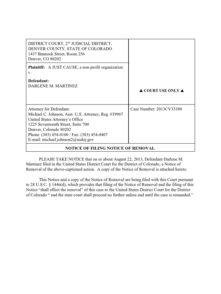 Notice of Filing Notice of Removal_082213