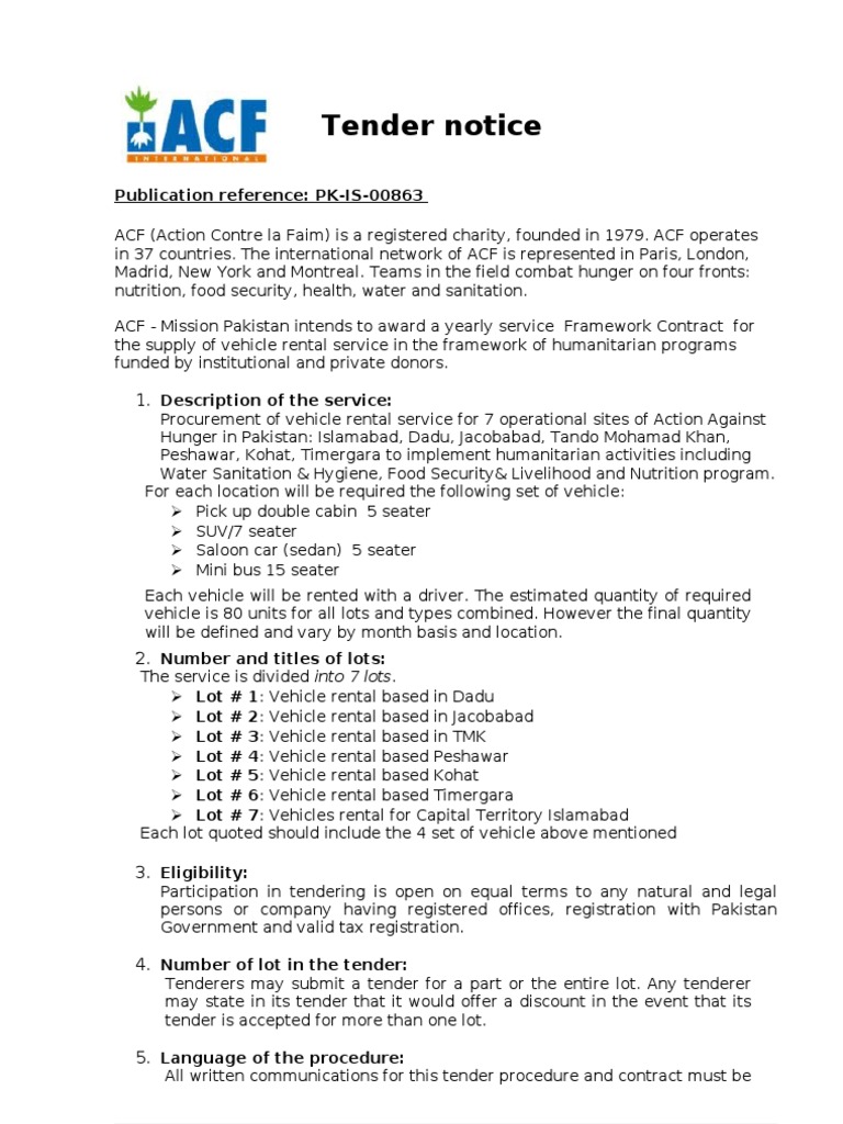 Vehicle Rental Tender for ACF Pakistan | PDF | Government | Business
