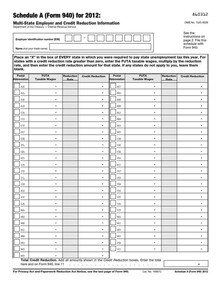 Schedule a form 940 for 2012 multi state employer and credit