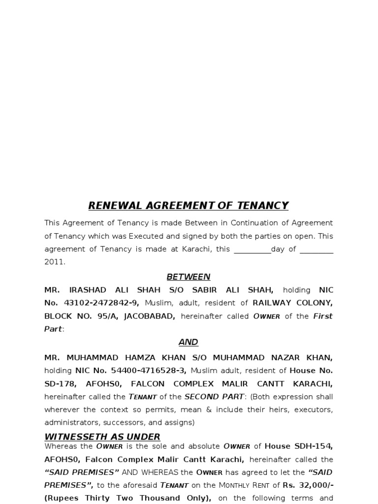Sdh154, Renewal Agreement of Tenancy PDF Leasehold Estate Renting