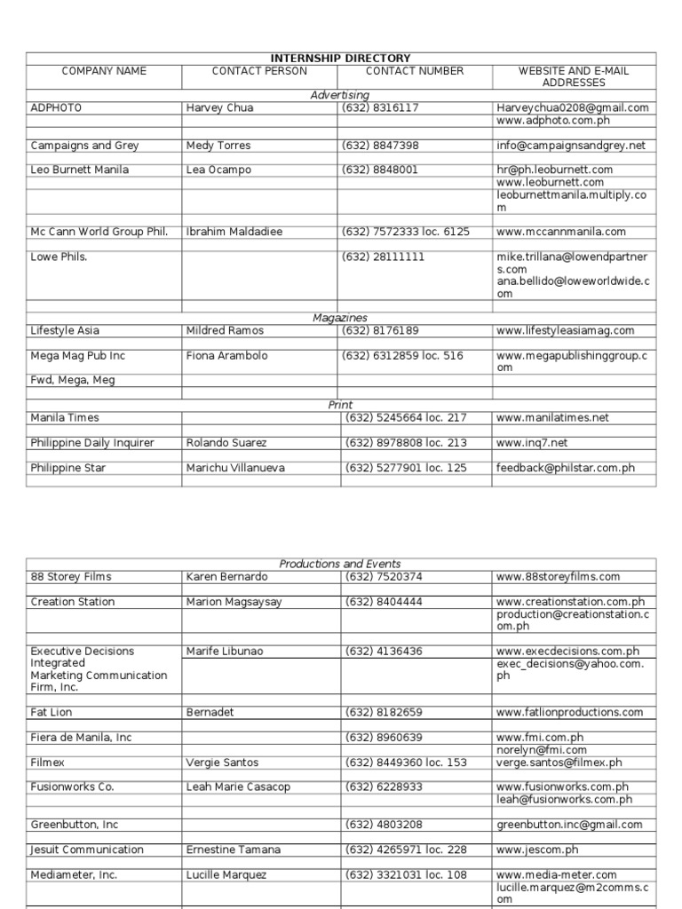 Internship Directory | PDF | Entertainment (General)