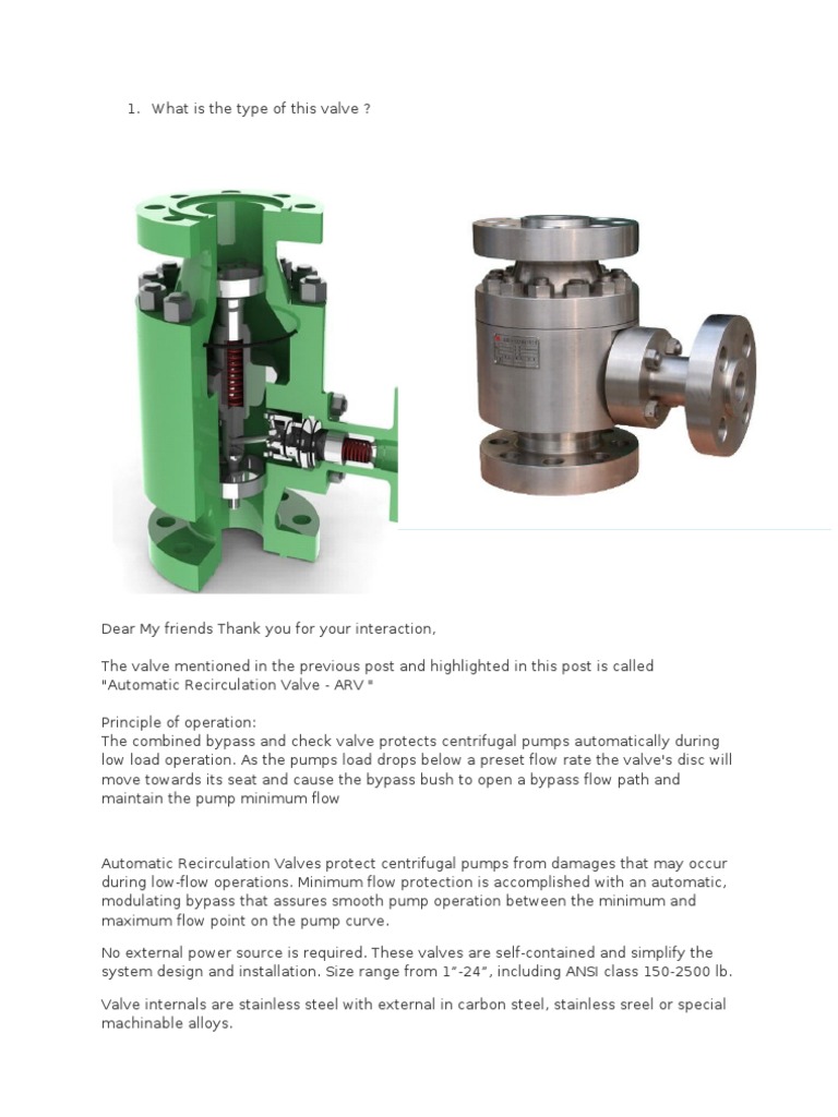 Automatic Recirculation Valve Overview | PDF | Valve | Pump