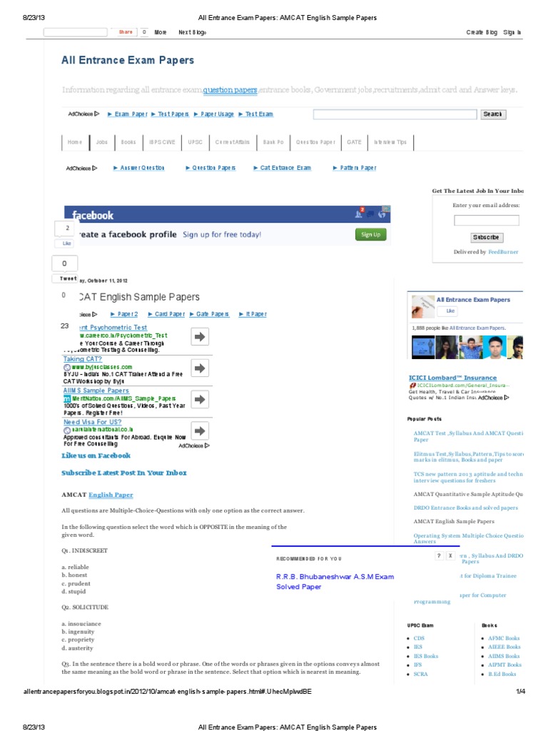All Entrance Exam Papers - AMCAT English Sample Papers | PDF ...