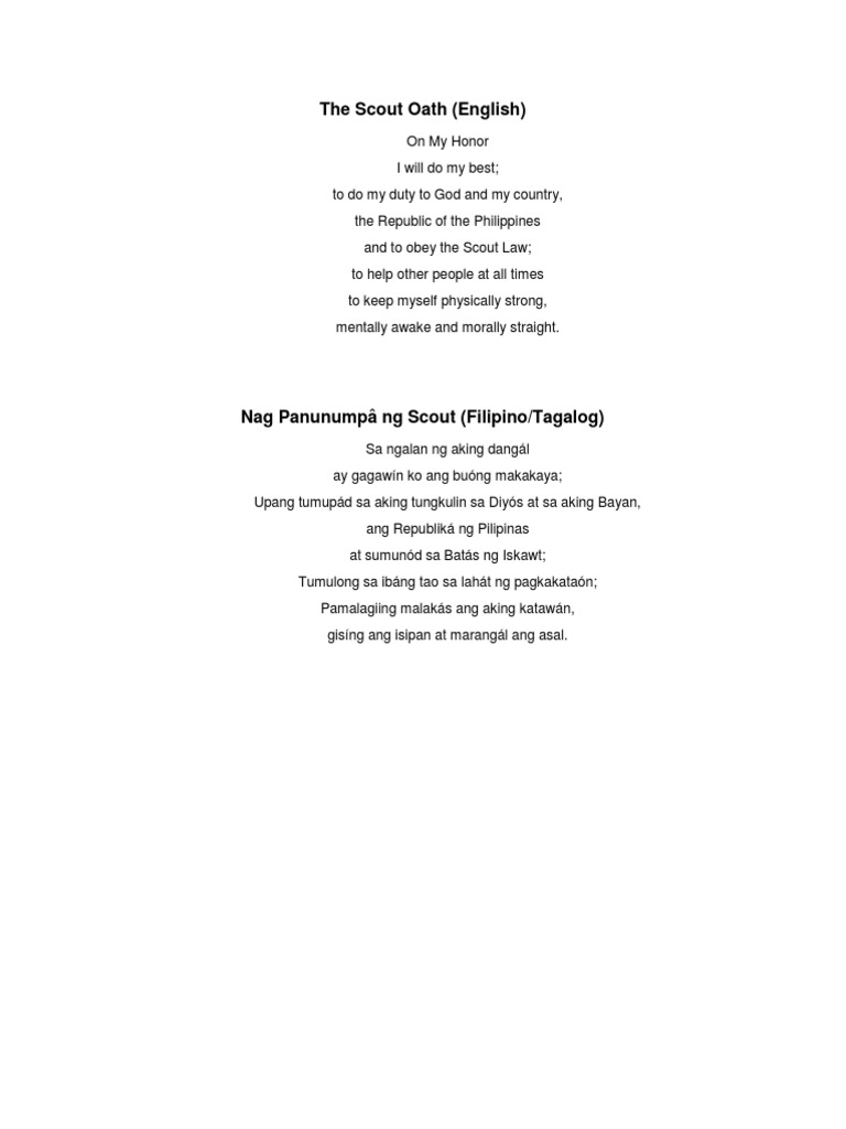 Scout Oath and Law (English and Tagalog) | PDF