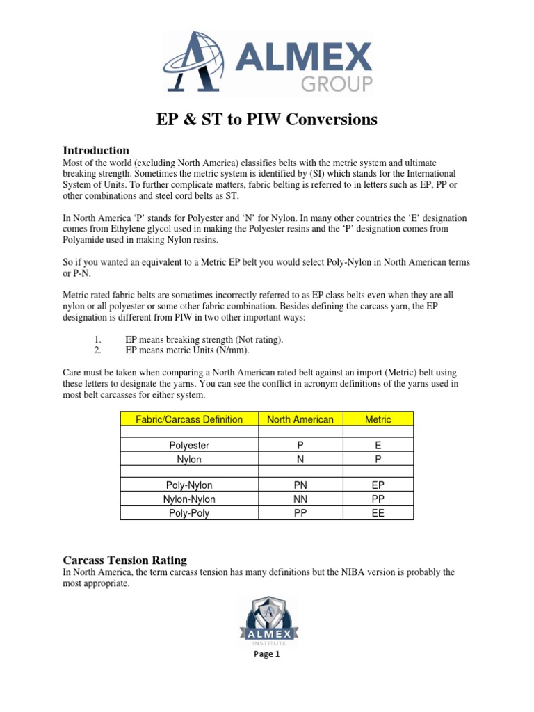 Almex EP To PIW Conveyor Belt Conversions PDF International System
