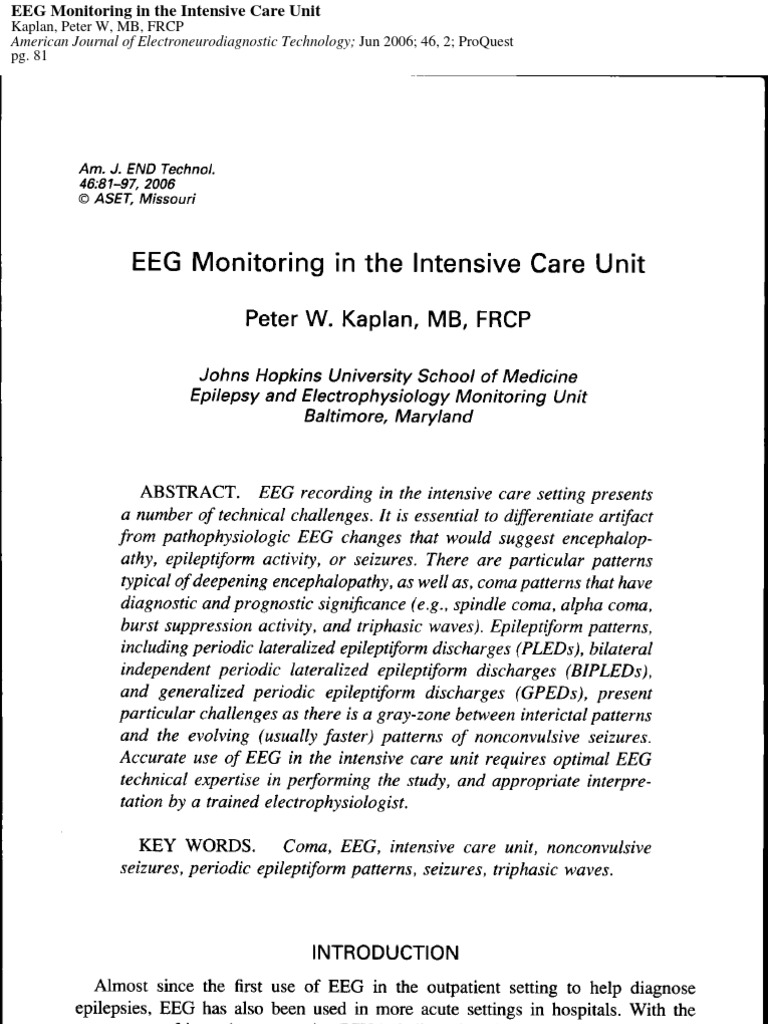 EEG Monitoring in The Intensive Care Unit | PDF