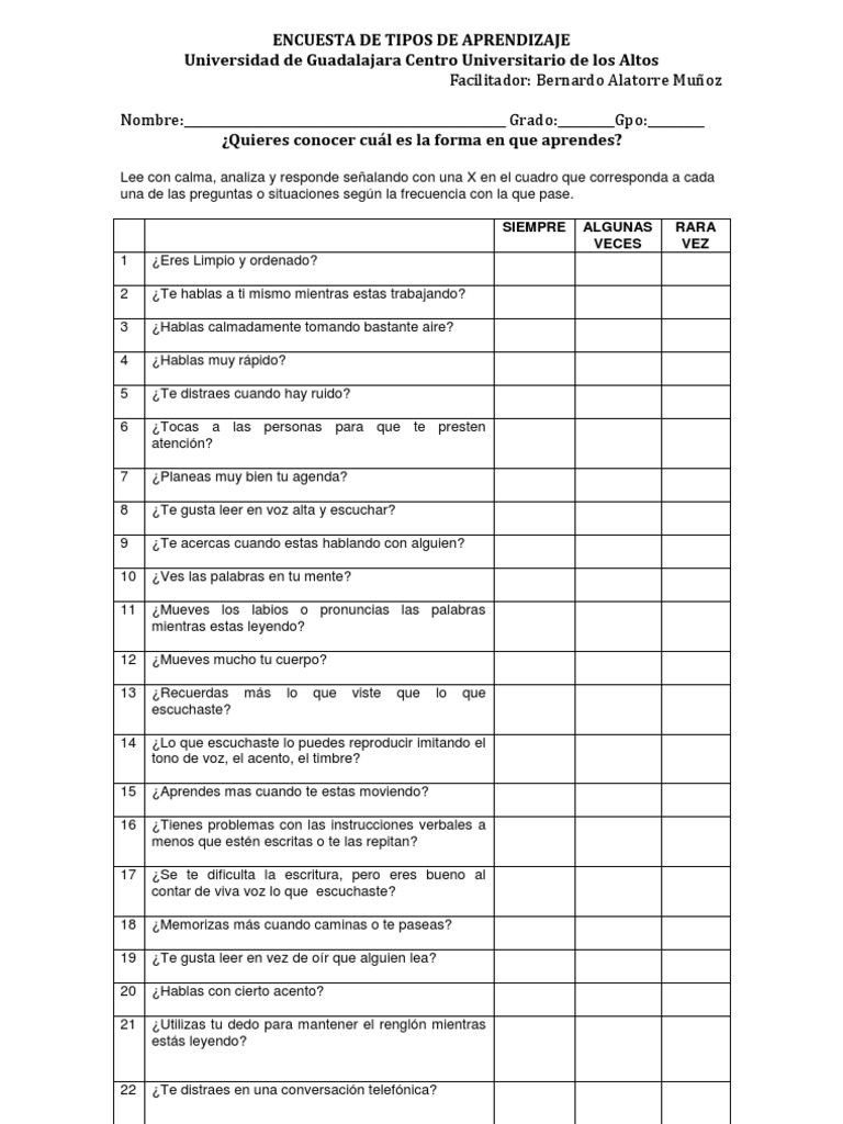 Encuesta Tipos de Aprendizaje | PDF | Aprendizaje | Cognición