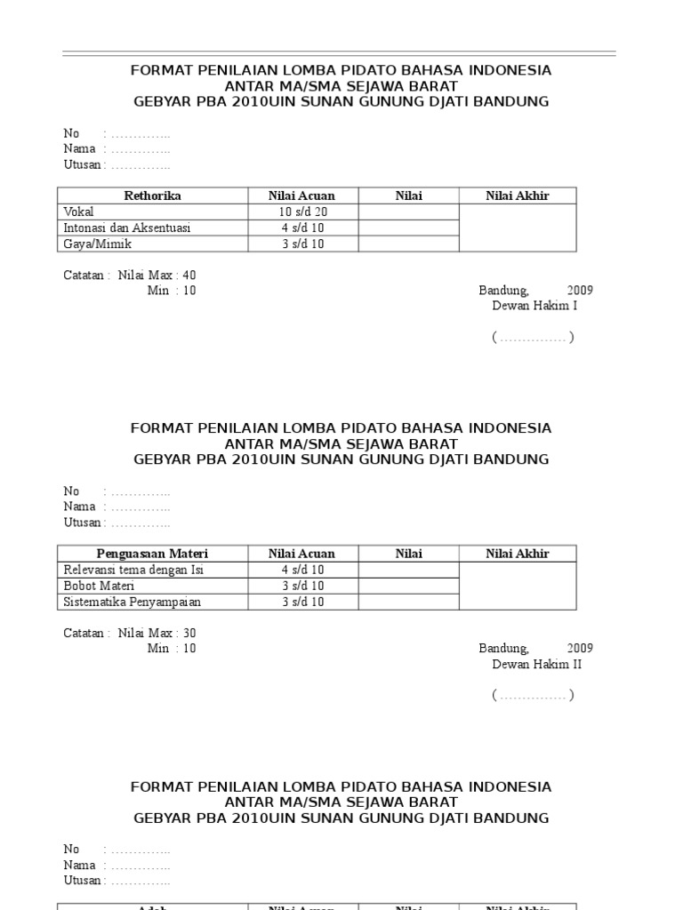 Format Kriteria Penilaian Lomba Baca Puisi KT Puisi