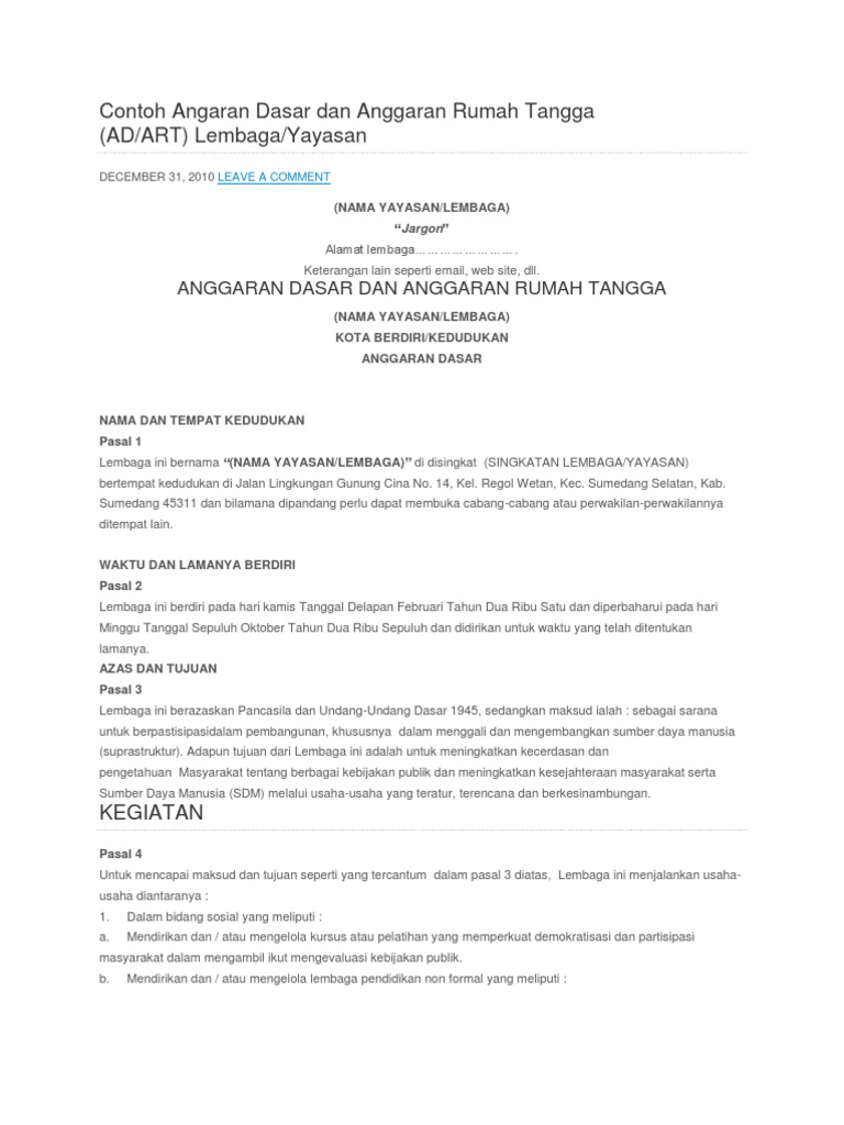 Contoh AD/ART Lembaga dan Yayasan | PDF