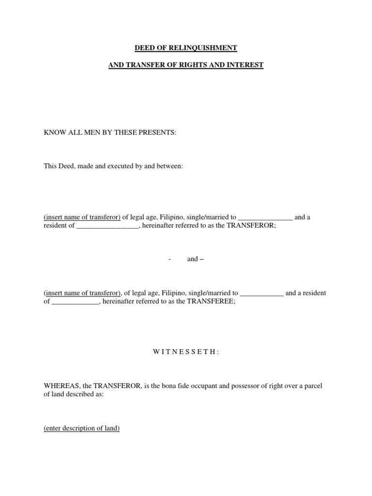 Deed of Relinquishment and Transfer of Rights and Interest | PDF | Deed ...