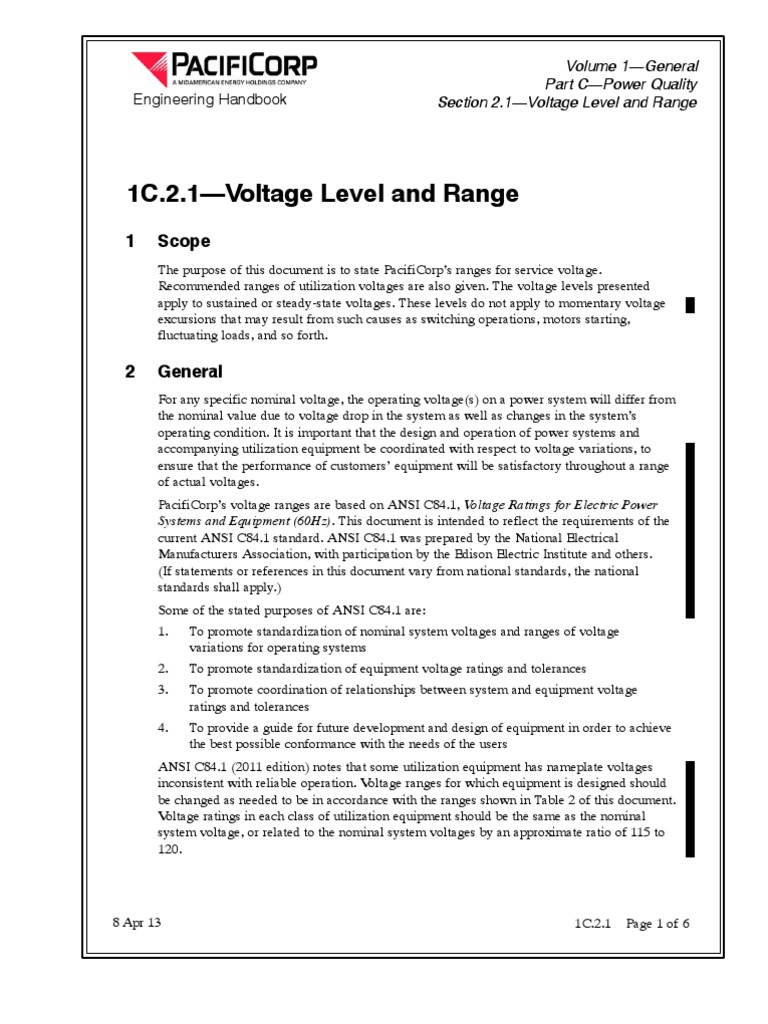 Ansi c84.1 Voltage Level and Range Mains Electricity Electric Power