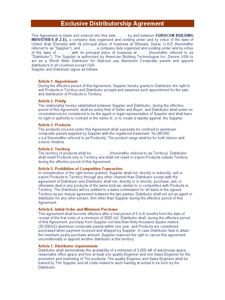 Exclusive Distributorship Agreement Template | PDF | Distribution ...