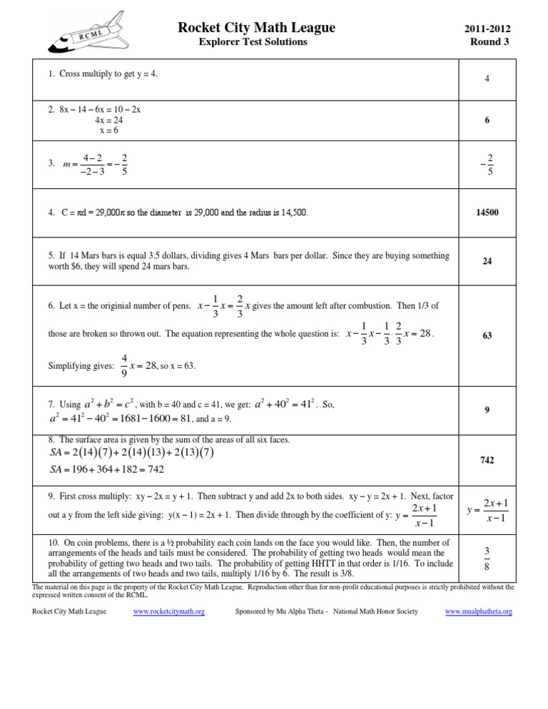 Rocket City Math League Round 3 Solutions | PDF