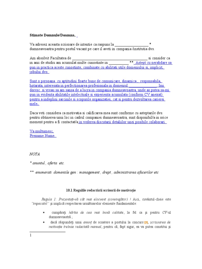 Model scrisoare de intentie/motivatie