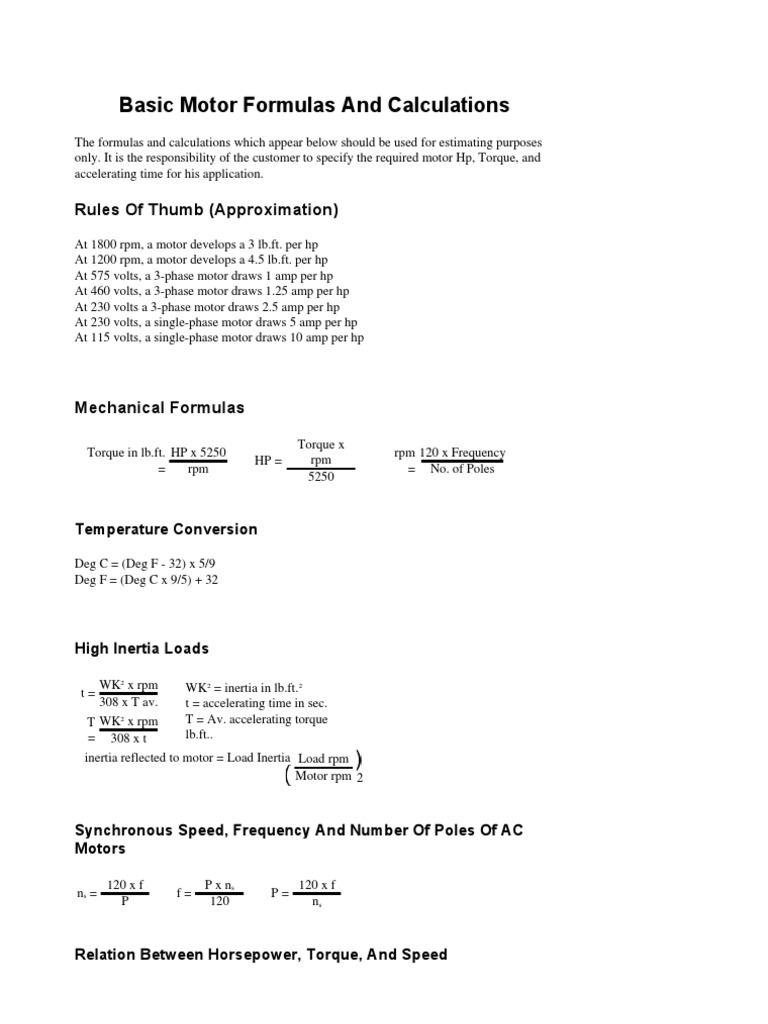 Motor Formulas and Calculations Guide | PDF | Horsepower | Power (Physics)