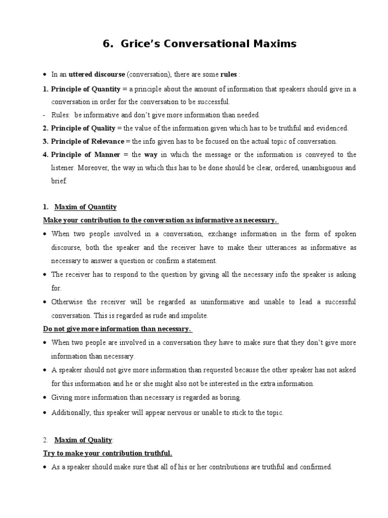 Grice's Conversational Maxims Explained | PDF | Human Communication ...