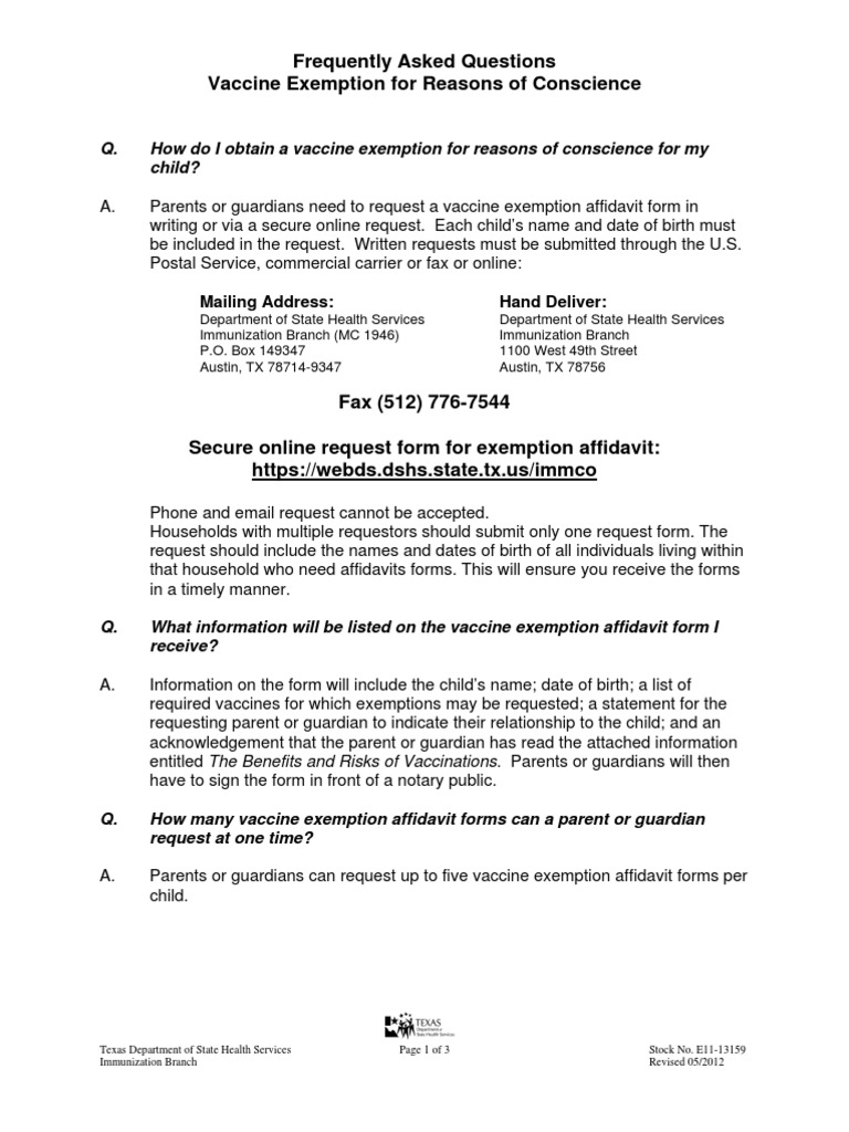 Vaccine Exemption FAQs For Texas | PDF | Vaccination | Affidavit